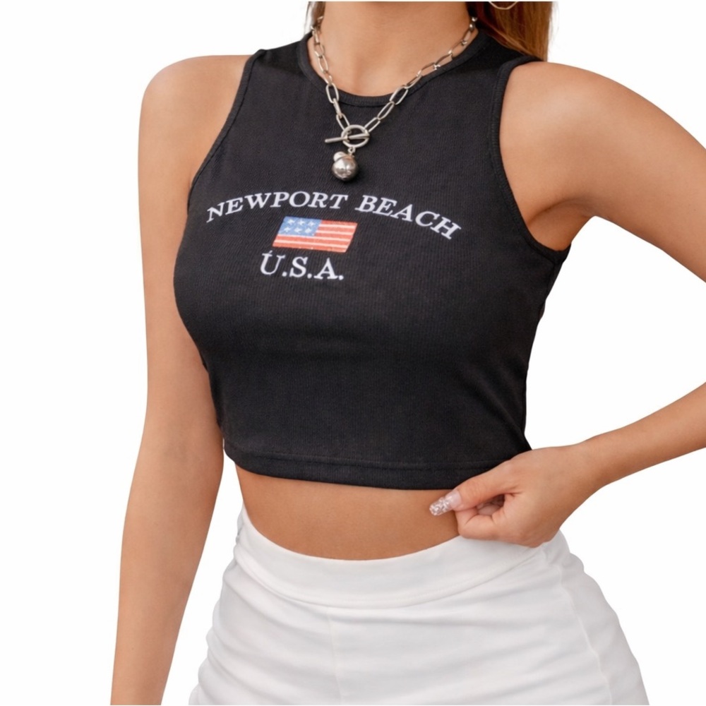 SHEIN American Flag Newport Beach Crop Top Ribbed Patriotic Tank NWT
